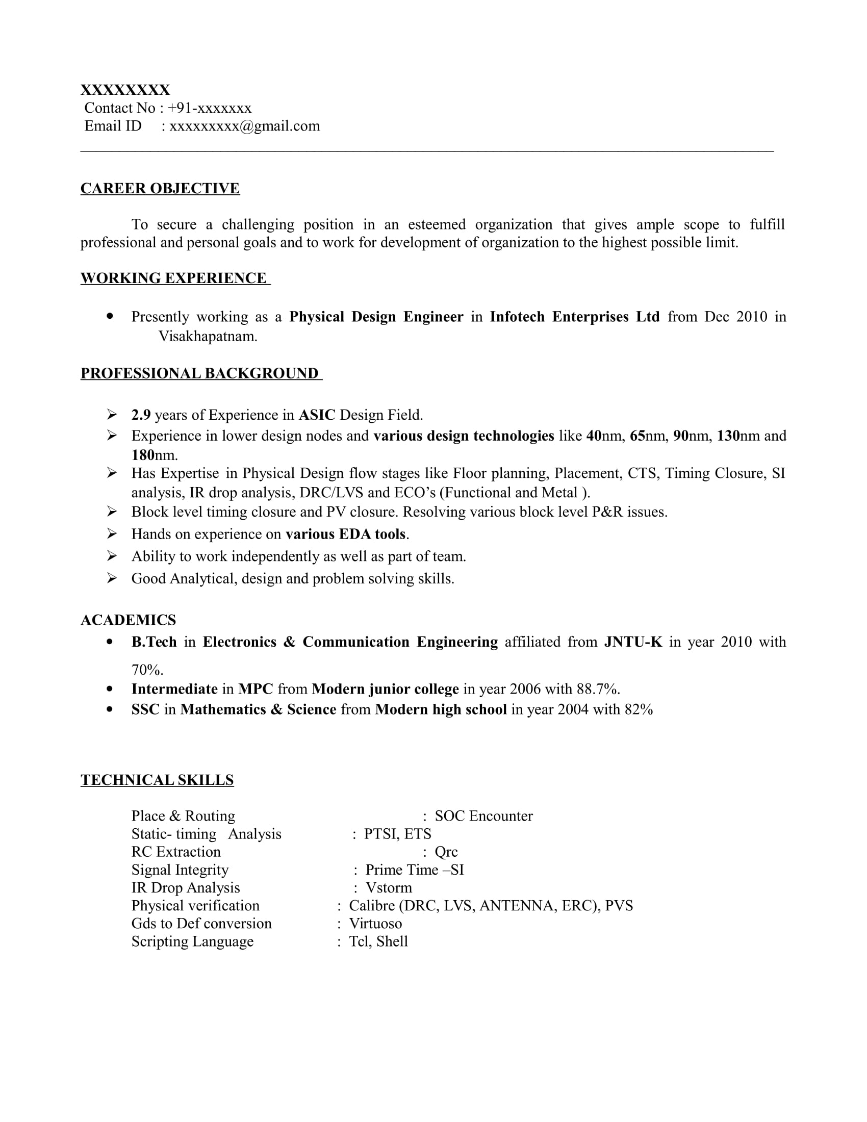 sample resume for vlsi engineer fresher